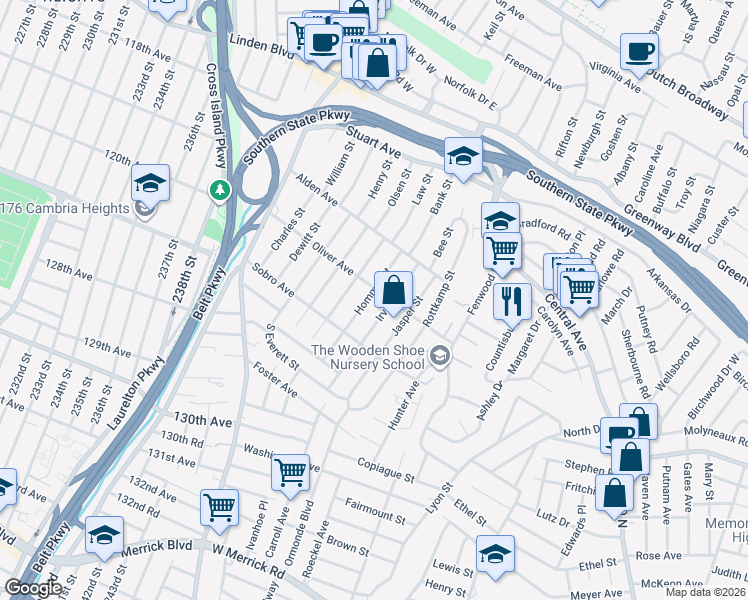 map of restaurants, bars, coffee shops, grocery stores, and more near 11 Irving Street in Valley Stream