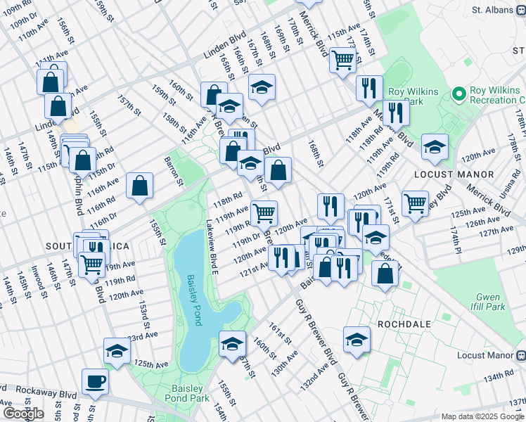 map of restaurants, bars, coffee shops, grocery stores, and more near 161-32 119th Road in Queens