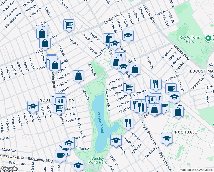 map of restaurants, bars, coffee shops, grocery stores, and more near 118-39 Lakeview Boulevard East in Queens