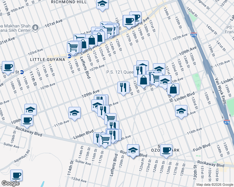 map of restaurants, bars, coffee shops, grocery stores, and more near 109-49 121st Street in Queens