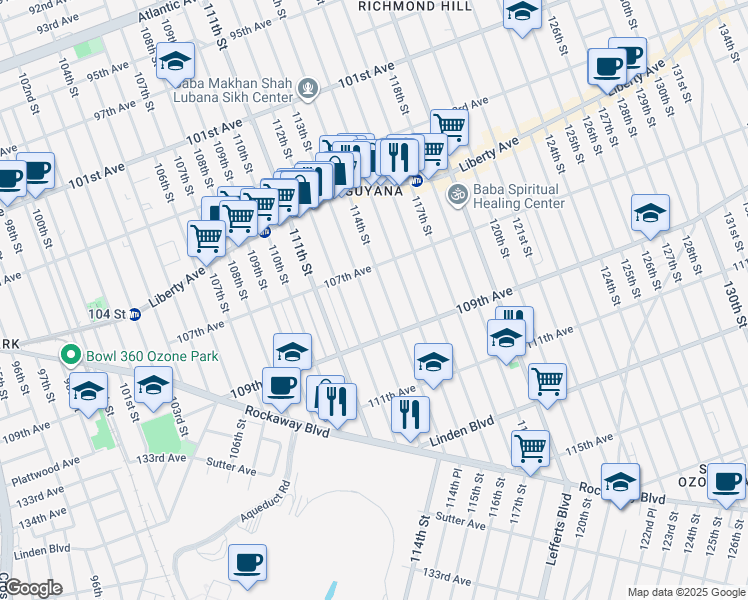 map of restaurants, bars, coffee shops, grocery stores, and more near 107-58 114th Street in Queens