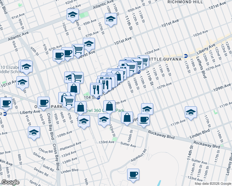 map of restaurants, bars, coffee shops, grocery stores, and more near 104-30 105th Street in Queens