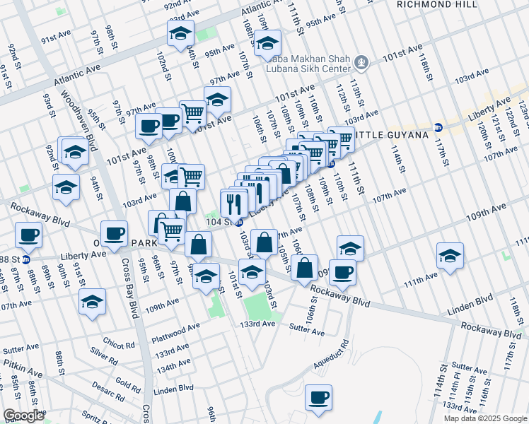 map of restaurants, bars, coffee shops, grocery stores, and more near 104-30 105th Street in Queens