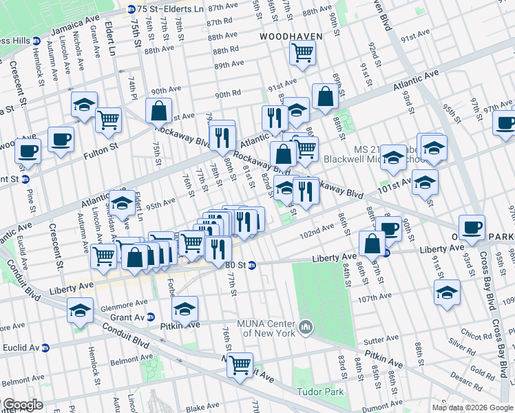 map of restaurants, bars, coffee shops, grocery stores, and more near 97-34 81st Street in Queens
