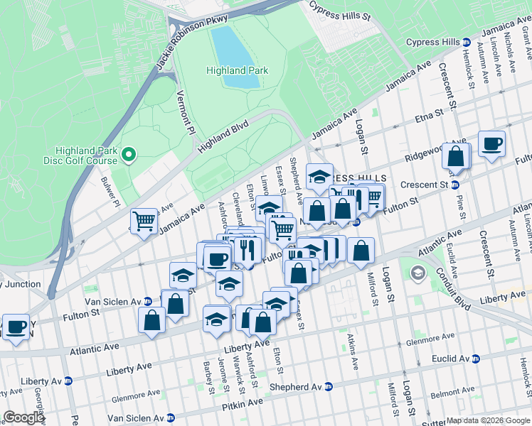 map of restaurants, bars, coffee shops, grocery stores, and more near 179 Linwood Street in Brooklyn