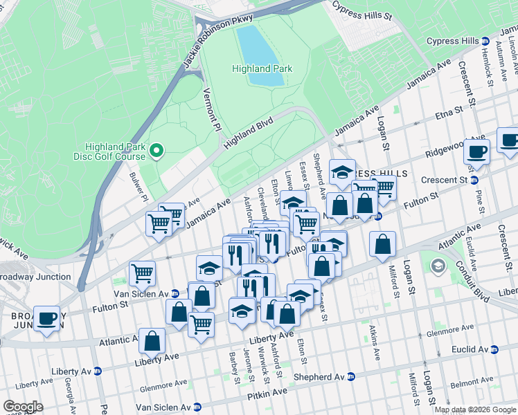 map of restaurants, bars, coffee shops, grocery stores, and more near 54 Ashford Street in Brooklyn