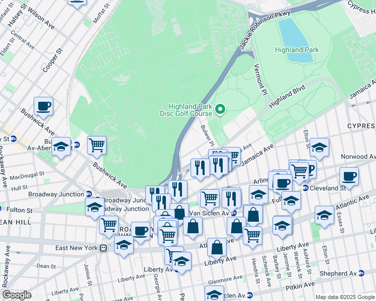 map of restaurants, bars, coffee shops, grocery stores, and more near 20 Jackie Robinson Parkway in Brooklyn