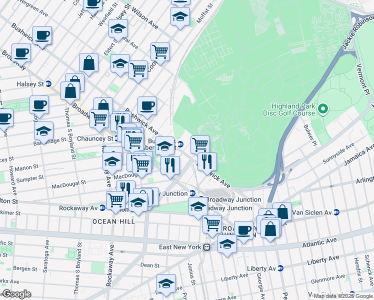 map of restaurants, bars, coffee shops, grocery stores, and more near 1572 Bushwick Avenue in Brooklyn