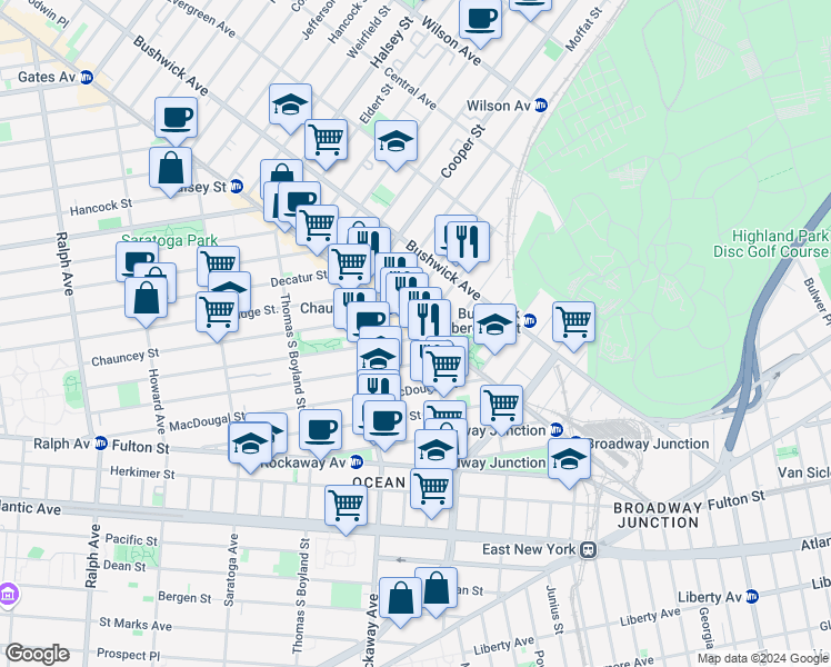 map of restaurants, bars, coffee shops, grocery stores, and more near 389 Sumpter Street in Brooklyn