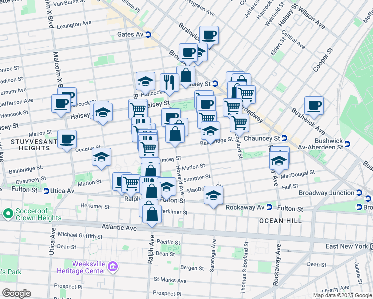 map of restaurants, bars, coffee shops, grocery stores, and more near 346A Chauncey Street in Brooklyn