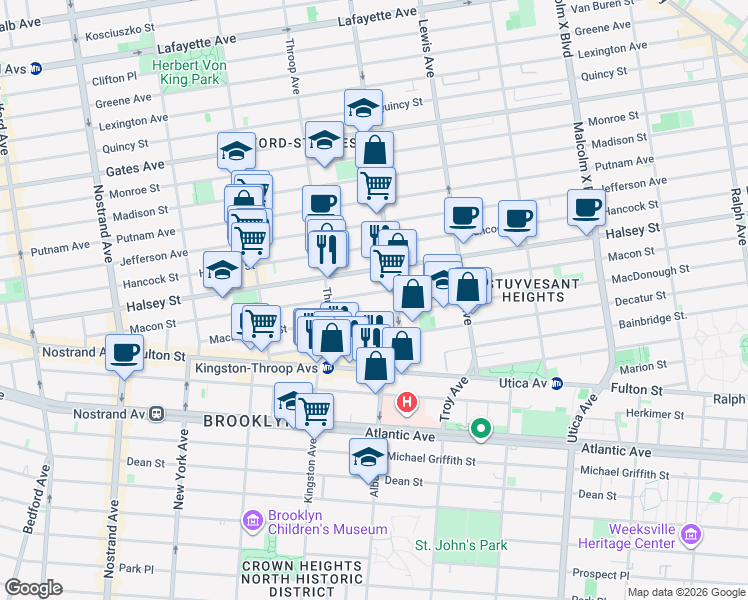 map of restaurants, bars, coffee shops, grocery stores, and more near 165 MacDonough Street in Brooklyn