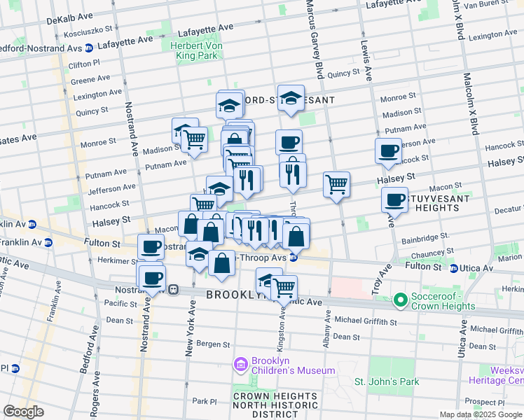 map of restaurants, bars, coffee shops, grocery stores, and more near 97 MacDonough Street in Brooklyn