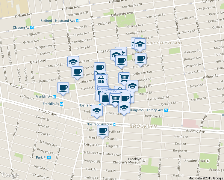 map of restaurants, bars, coffee shops, grocery stores, and more near 67 Macon Street in Brooklyn