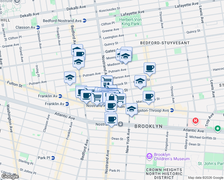 map of restaurants, bars, coffee shops, grocery stores, and more near 492 Nostrand Avenue in Brooklyn