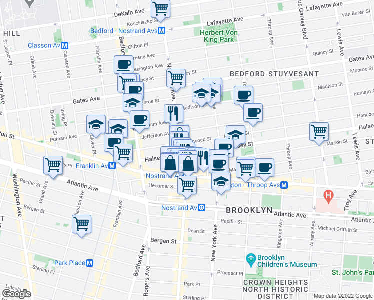 map of restaurants, bars, coffee shops, grocery stores, and more near 492 Nostrand Avenue in Brooklyn