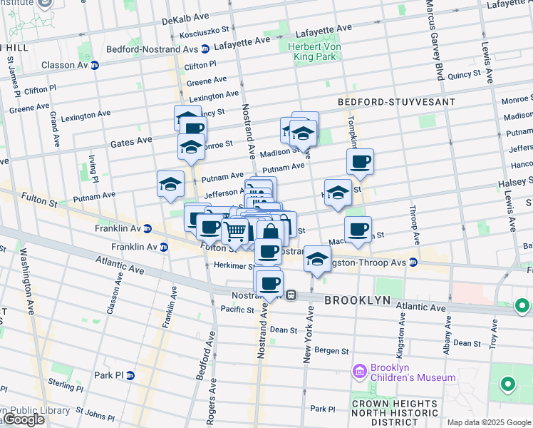 map of restaurants, bars, coffee shops, grocery stores, and more near 492 Nostrand Avenue in Brooklyn