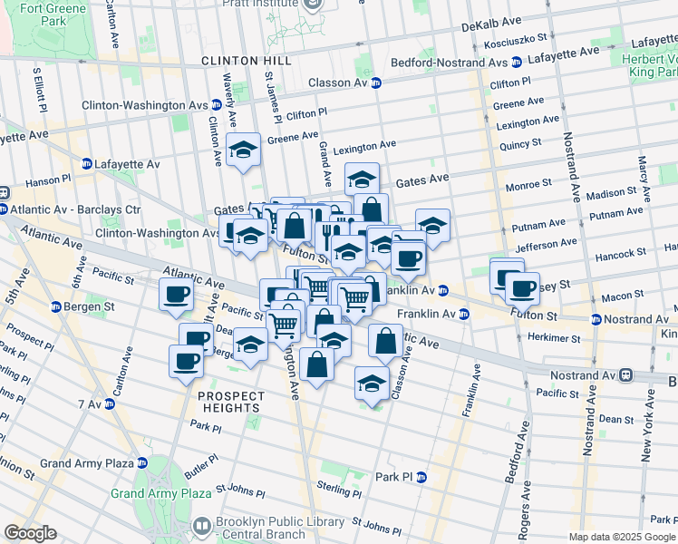 map of restaurants, bars, coffee shops, grocery stores, and more near 42 Lefferts Place in Brooklyn