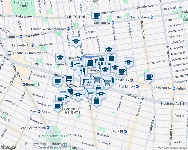 map of restaurants, bars, coffee shops, grocery stores, and more near 298 Saint James Place in Brooklyn