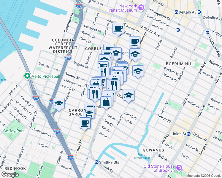 map of restaurants, bars, coffee shops, grocery stores, and more near 286 President Street in Brooklyn