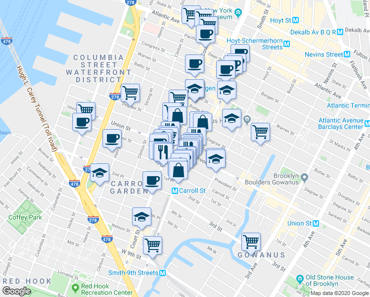 map of restaurants, bars, coffee shops, grocery stores, and more near 286 President Street in Brooklyn