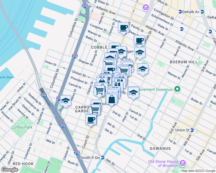 map of restaurants, bars, coffee shops, grocery stores, and more near 286 President Street in Brooklyn