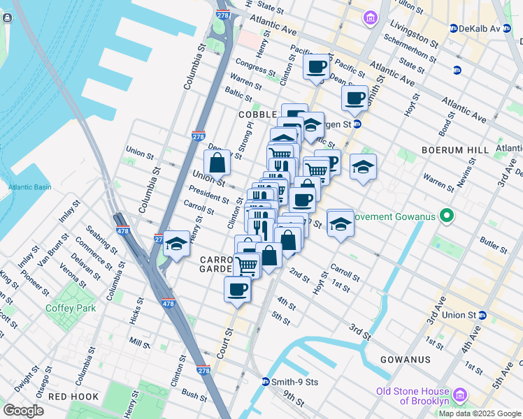 map of restaurants, bars, coffee shops, grocery stores, and more near 374 Court Street in Brooklyn