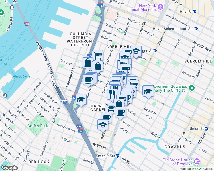 map of restaurants, bars, coffee shops, grocery stores, and more near 423 Clinton Street in Brooklyn