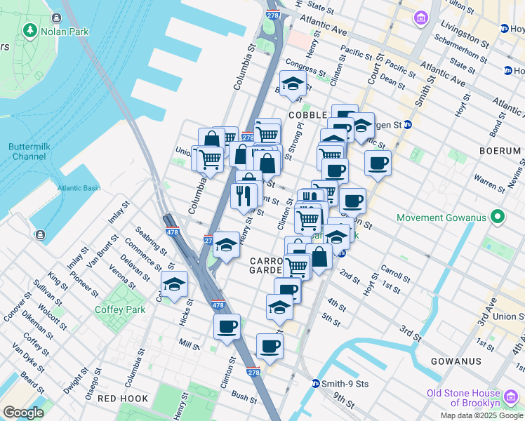 map of restaurants, bars, coffee shops, grocery stores, and more near 166 Carroll Street in Brooklyn