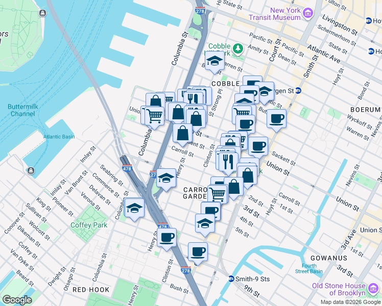 map of restaurants, bars, coffee shops, grocery stores, and more near 27 1st Place in Brooklyn