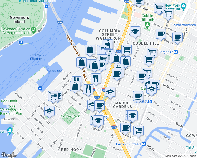 map of restaurants, bars, coffee shops, grocery stores, and more near 8 Woodhull Street in Brooklyn