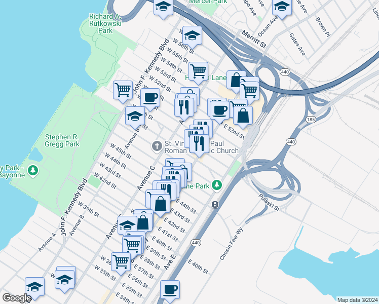 map of restaurants, bars, coffee shops, grocery stores, and more near 21 West 47th Street in Bayonne