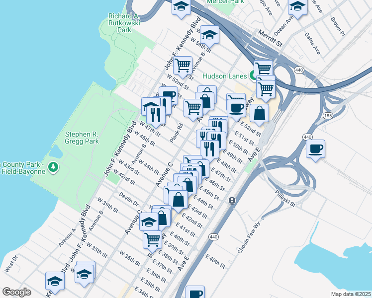 map of restaurants, bars, coffee shops, grocery stores, and more near 45 West 46th Street in Bayonne
