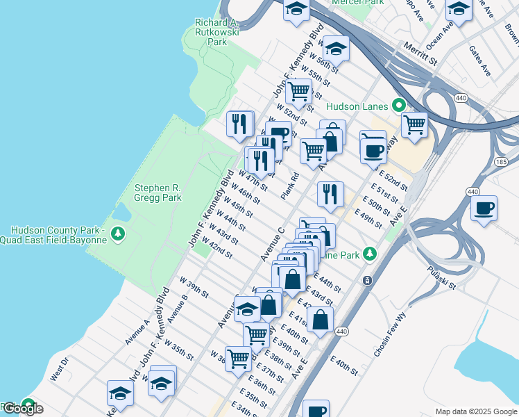 map of restaurants, bars, coffee shops, grocery stores, and more near 98 West 45th Street in Bayonne