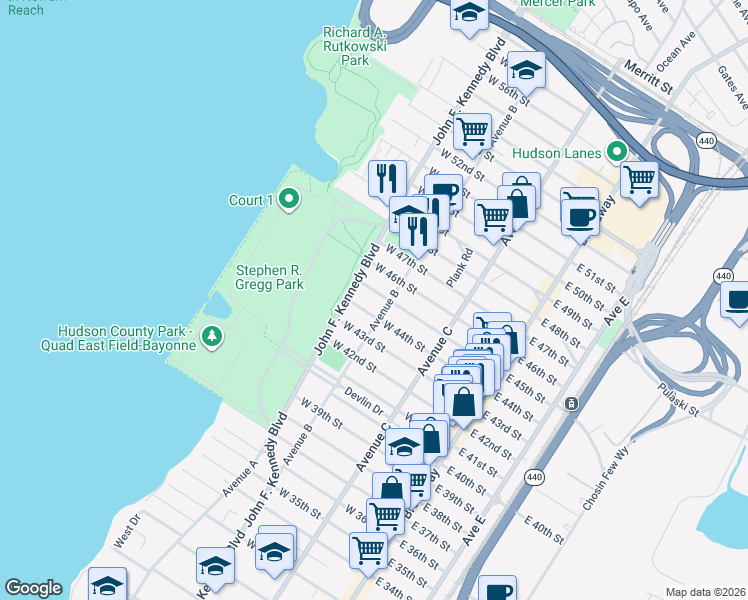 map of restaurants, bars, coffee shops, grocery stores, and more near 135 Avenue B in Bayonne