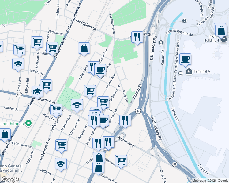 map of restaurants, bars, coffee shops, grocery stores, and more near 938 Jackson Avenue in Elizabeth