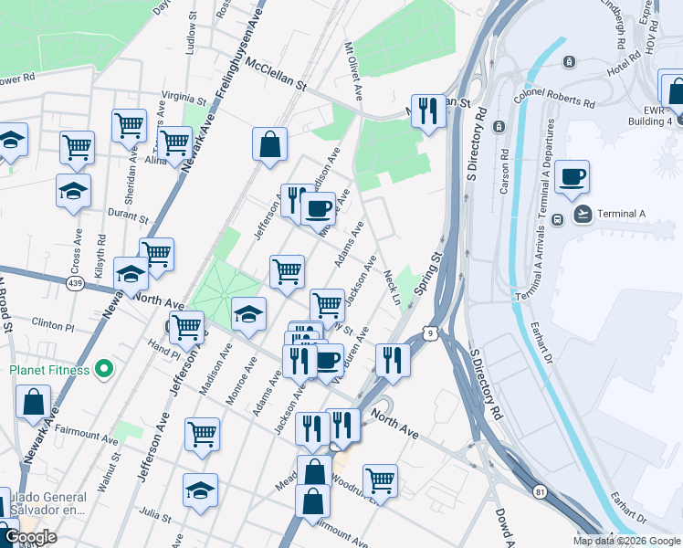 map of restaurants, bars, coffee shops, grocery stores, and more near 938 Jackson Avenue in Elizabeth
