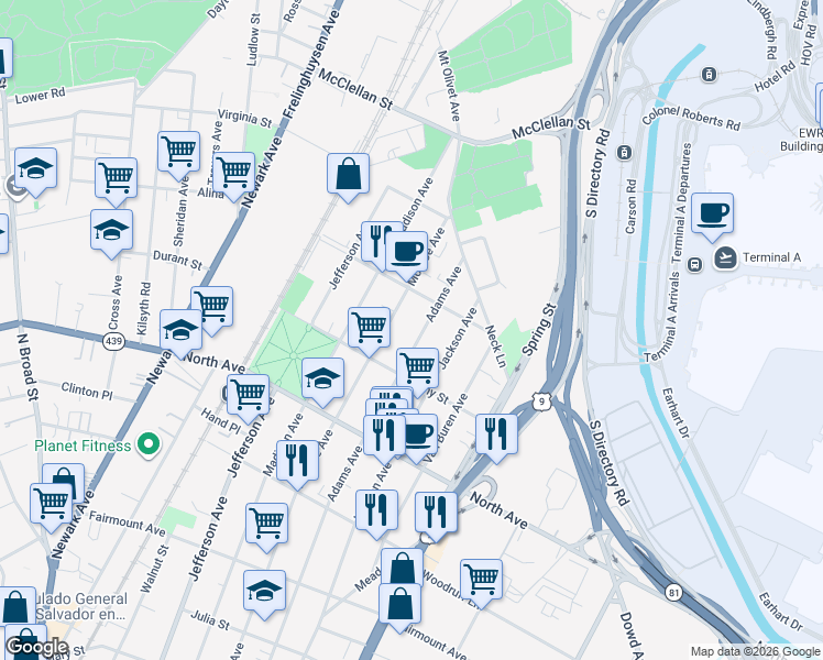 map of restaurants, bars, coffee shops, grocery stores, and more near 923 Adams Avenue in Elizabeth
