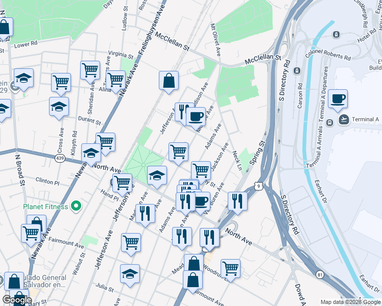map of restaurants, bars, coffee shops, grocery stores, and more near 923 Adams Avenue in Elizabeth
