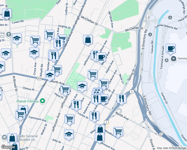 map of restaurants, bars, coffee shops, grocery stores, and more near 902 Monroe Avenue in Elizabeth