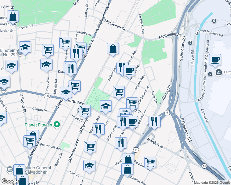 map of restaurants, bars, coffee shops, grocery stores, and more near 902 Monroe Avenue in Elizabeth