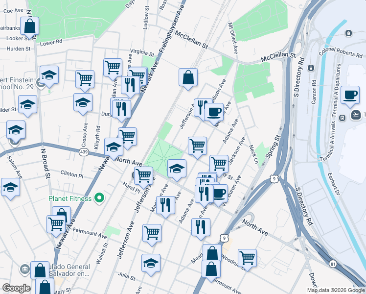 map of restaurants, bars, coffee shops, grocery stores, and more near 841 Madison Avenue in Elizabeth