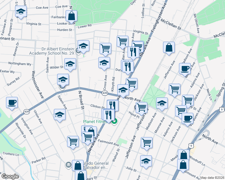 map of restaurants, bars, coffee shops, grocery stores, and more near in Elizabeth