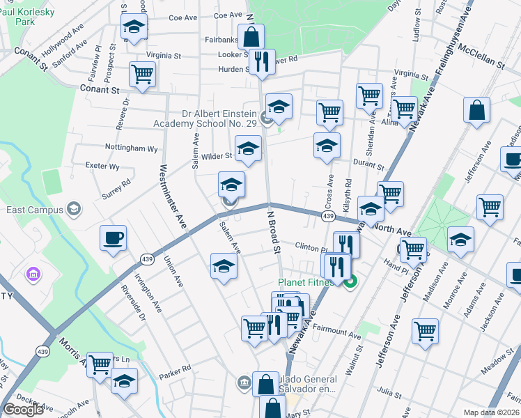 map of restaurants, bars, coffee shops, grocery stores, and more near 24 North Avenue in Elizabeth