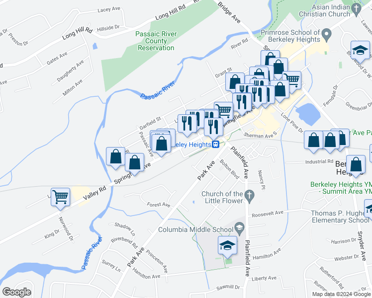 map of restaurants, bars, coffee shops, grocery stores, and more near 94 Sherman Avenue in Berkeley Heights