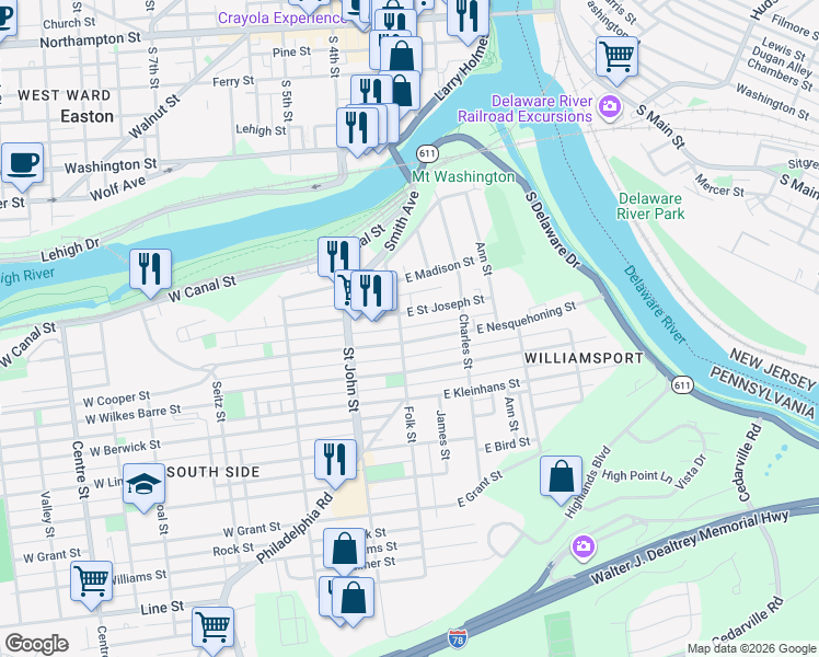 map of restaurants, bars, coffee shops, grocery stores, and more near 102 West Nesquehoning Street in Easton