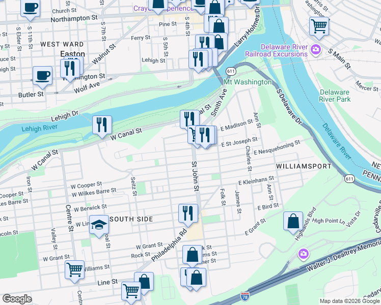 map of restaurants, bars, coffee shops, grocery stores, and more near 237 West Nesquehoning Street in Easton