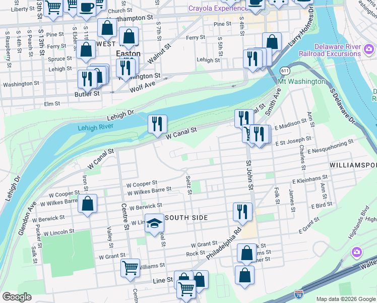map of restaurants, bars, coffee shops, grocery stores, and more near 424 West Saint Joseph Street in Easton