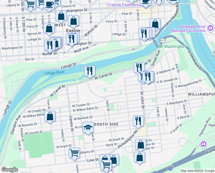 map of restaurants, bars, coffee shops, grocery stores, and more near 424 West Saint Joseph Street in Easton