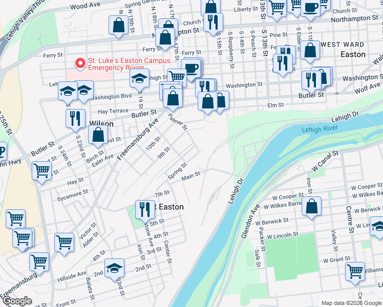map of restaurants, bars, coffee shops, grocery stores, and more near 118 Spring Street in Easton