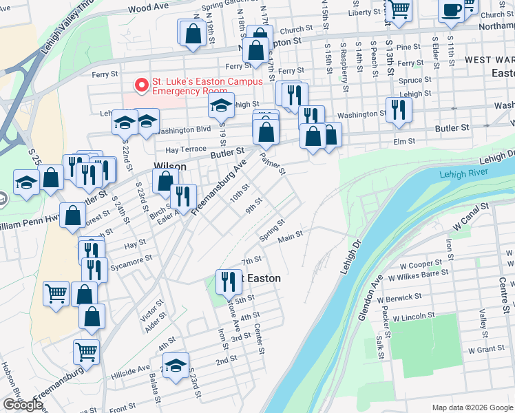 map of restaurants, bars, coffee shops, grocery stores, and more near 298 9th Street in West Easton